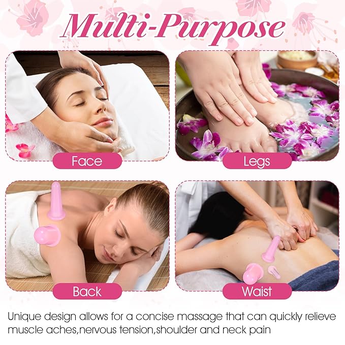 4pcs Face Cups,Facial Suction Cups,Ventosas Faciales,Silicone Anti Cellulite Vacuum Facial Cup for Facs and Neck Eye Massage Beauty Tool,Pink
