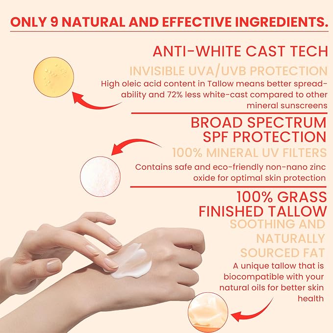 Tallow Sunscreen SPF 50 – Natural Face & Body Sunblock with Grass-Fed Tallow, Water Resistant, Non-Greasy Lightweight Formula for Sensitive Skin Hydration – 2.3 Fl Oz