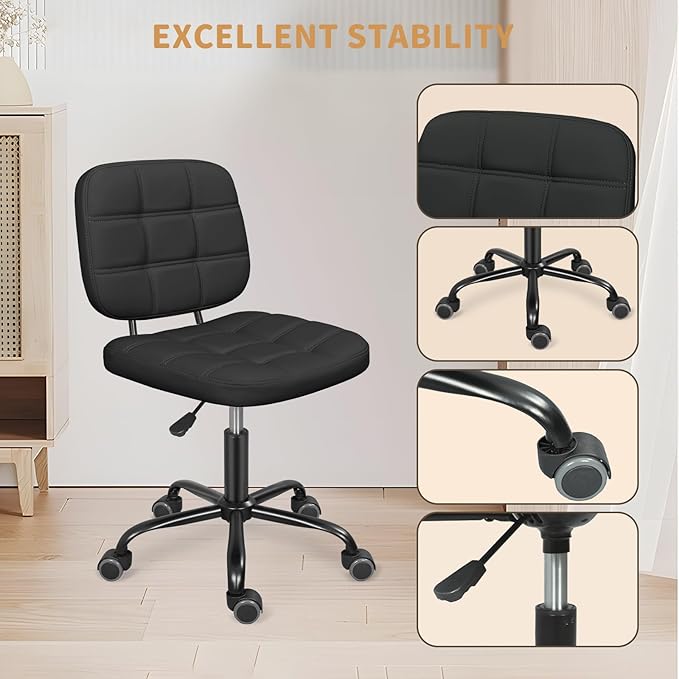 Armless Home Office Desk Chair with Wheels, Modern Ergonomic Drafting Rolling Chair with 360° Swivel Wheels,Height Adjustable Computer Task Chairs for Small Space, Black