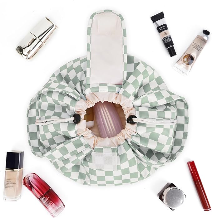 Narwey Lay Flat Open Drawstring Makeup Bag, Large Cosmetic Bag for Women Girls, Cute Make up Bags, Portable Travel Toiletry Bag for Skincare, Brushes & Travel Essentials (Green Checkerboard)