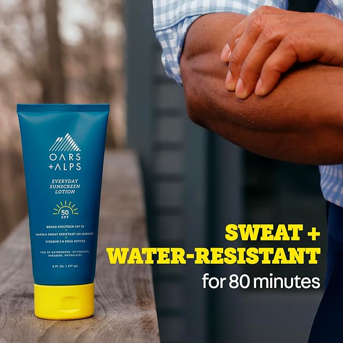 Oars + Alps Sunscreen Body Lotion for Everday Use, SPF 50 Body & Face Sunscreen Lotion, Infused with Aloe Leaf & Vitamin E, No White Residue, Water & Sweat Resistant, All Skin Types, Lightweight, 6oz