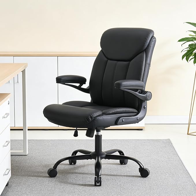 Home Office Ergonomic Desk Chair - Comfy Leather Executive Chair with Flip-Up Armrests, Lumbar Support, 360° Swivel & Rocking(Black)