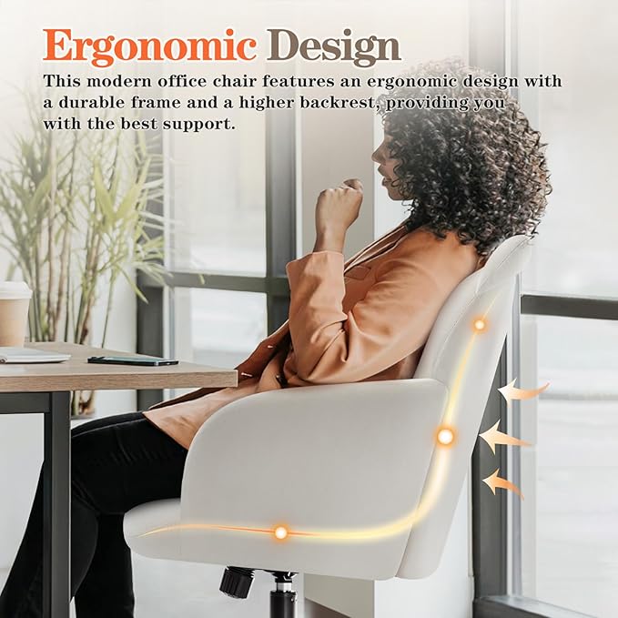 IWMH Home Office Chair Wide Seat Desk Chair Cute Velvet Swivel Vanity Chairs Cat Themed Computer Task Chairs with Wheels Upholstered Modern Accent Armchair for Living Room Bedroom Study Makeup White