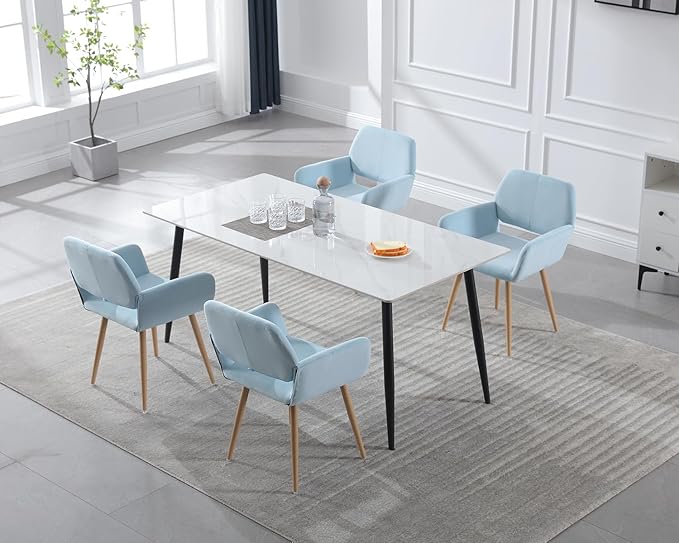 KCC Small Modern Dining Room Arm Chairs Set of 4, Mid-Century Upholstered Velvet Side Seat Club Guest with Metal Tube Legs for Kitchen, Living Room, Blue