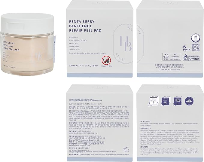 HEVEBLUE Penta Berry Panthenol Repair Peel Pad - 70 Pads, Vegan, Biodegradable, Toner Pad, Exfoliating, Refine Skin Texture, Strengthening Skin Barrier, Low Irritation, Hypoallergenic