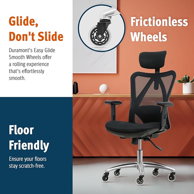 Duramont Ergonomic Office Chair with Rollerblade Wheels - High Back Breathable Mesh Desk Chair, 4D Lumbar Support, Memory Foam Seat, Adjustable Headrest and Armrests, Reclines, Black