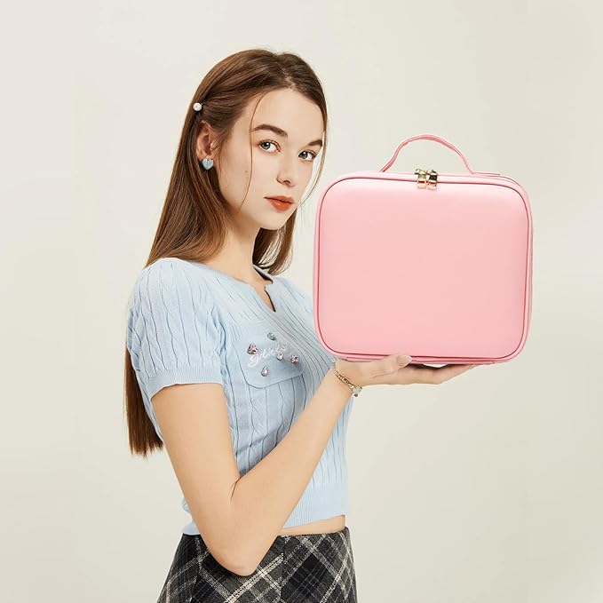 Makeup Bag with Led Mirror,Large Vanity Makeup Cases with 3 Color Setting,Portable Storage and Adjustable Dividers,for Women and Makeup Artists Cosmetic Organizer Travel Makeup Bag-Pink