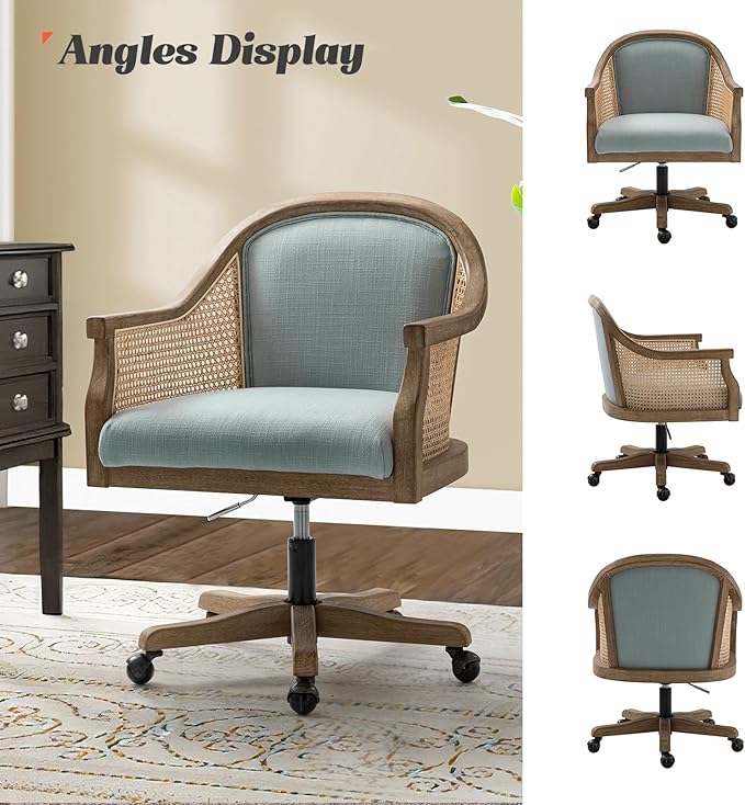 HULALA HOME Rattan Desk Chair, Upholstered Home Office Chair, Vintage Office Chair with Armrest, Adjustable Swivel Rolling Height Task Chair for Living Room Bedroom Study Room, Blue