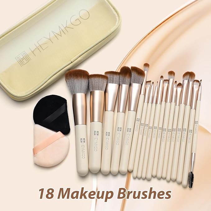 HEYMKGO Makeup Brushes Set, 18pcs Professional Brushes Set with 2 Powder Puff & Travel Bag, Premium Synthetic Foundation Powder Blush Blending Face Brush Kit, Eyeshadow Set Makeup Brushes & Tools