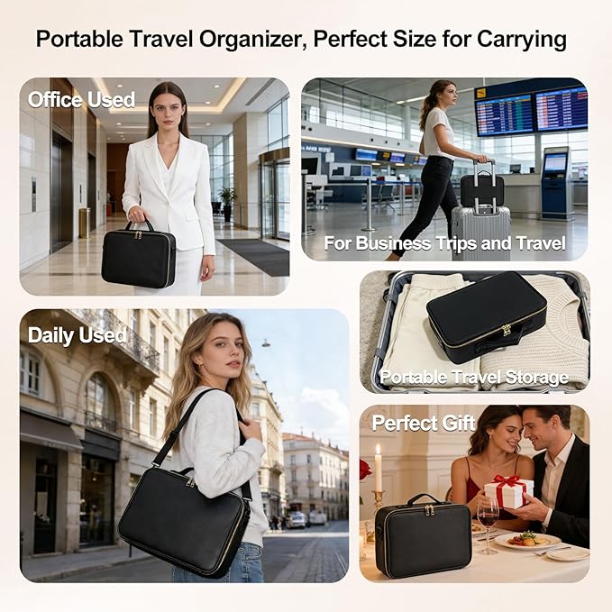 Travel Makeup Bag with Brush Holder, Professional Cosmetic Train Case Organizer, Portable Travel Makeup Brush Carry Case Artist Storage Box with Adjustable Dividers and Shoulder Strap, Leather Black