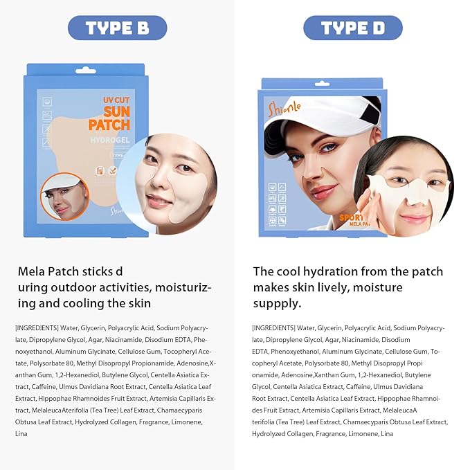 SHIONLE 4 Pack Sportive Mela Sun Protection Face Mask Cooling Patch with Earloops Golf & Outdoor Sports Activities Sunblock Shield Sunscreen Tape UV Block Sheet with Hydrogel All Skin Type (Type-D)