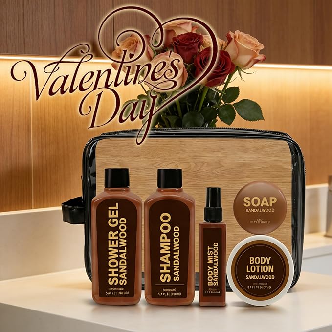 Gifts for Men 6pcs Sandalwood Gift Set Bath Sets with Shampoo, Shower Gel, Soap, Body Lotion, Body Wash Mens Gifts Birthday Anniversary Gift Sets for Men, Christmas Self Care Fathers Day Gift