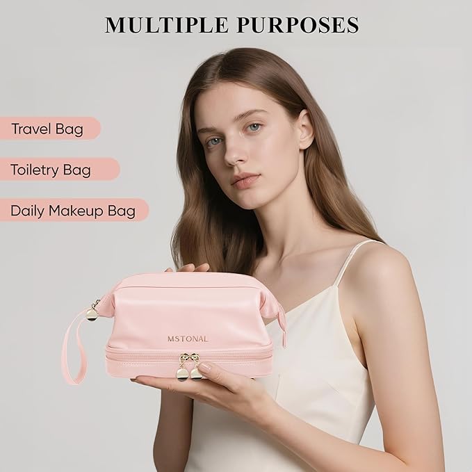 Travel Makeup Bag, Large Capacity Double Layer Cosmetic Bags for Women, Waterproof Portable Make Up Skincare Pouch with Makeup Brush Organizer, Toiletry Bag for Essentials, Pink