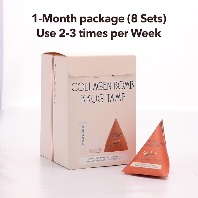 My Dermatologist's Vacation, COLLAGEN BOMB KKUG TAMP – Double-Acting Beauty Device with Micropoint ESSENCE STICK & AMPOULE, Korean Skincare Facial Serum Kit, 8 Single-Use Sets (2 Pieces Per Use)