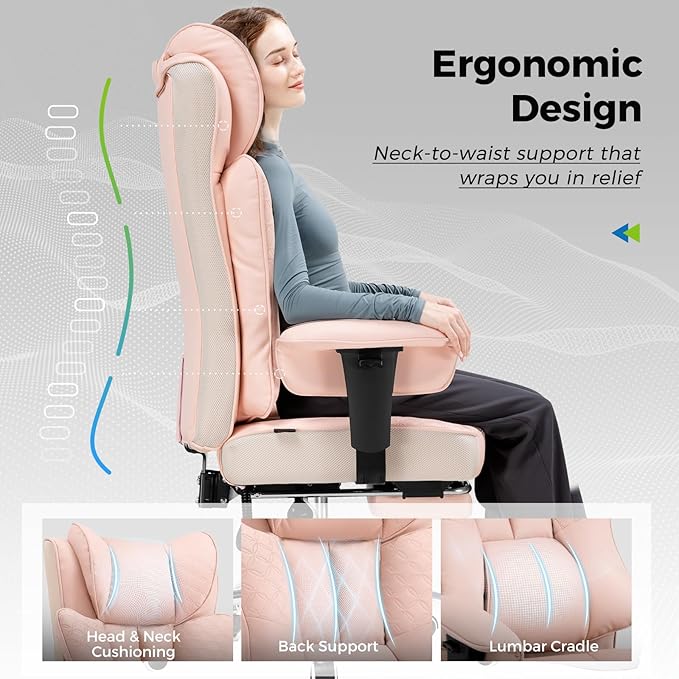 GTPLAYER Big and Tall Office Chair 400LBS Wide Ergonomic Gaming Chair with Deluxe Embossing Designed Leather with Foot Rest,150°Reclining Adjustable Soft Armrests Pocket Spring Back Support and Pillow