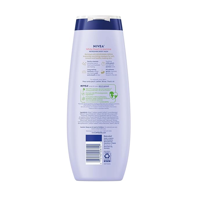 NIVEA Refreshing White Peach and Jasmine Body Wash with Nourishing Serum, Scented Body Wash for Women, Enriched with Provitamin B5 and Vitamin E, 20 Fl Oz Bottle, 3 Pack