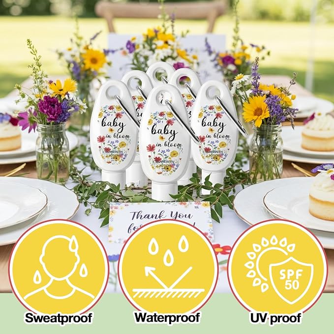 Leelosp 30 Pcs Mini Sunscreen with Carabiner Bulk for Wildflower Baby in Bloom Baby Shower Party Favors Travel Size 1 Fl. oz. Spf 30 Water Resistant Mini Sunblock Lotion for Wildflower Party