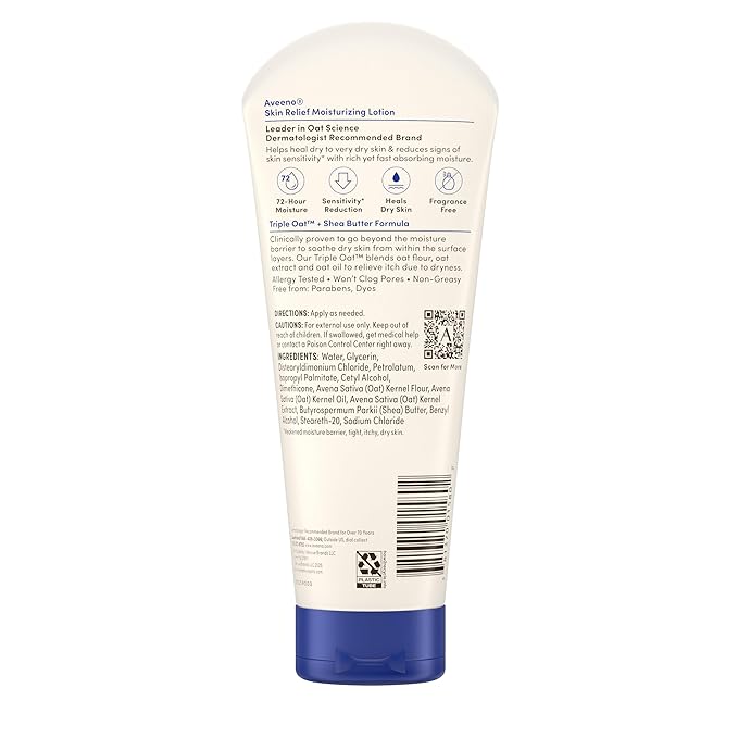Aveeno Skin Relief Moisturizing Lotion Heals Very Dry, Sensitive Skin, Fast-Absorbing Body Lotion with Soothing Triple Oat & Shea Butter Formula, Fragrance Free, Non-Comedogenic, 8 oz