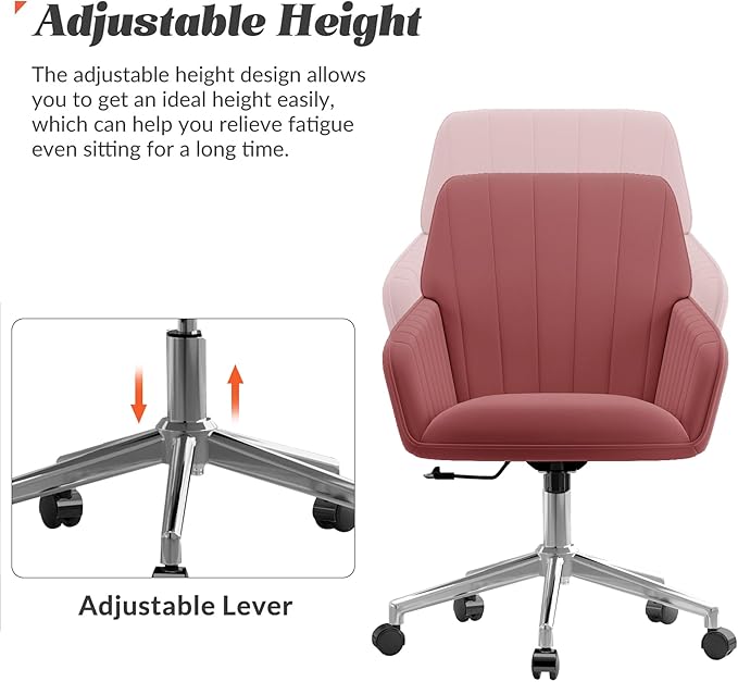 YISHENG Velvet Office Desk Chair with Silver Base, with Wheels,Modern Height Adjustable 360 Degree Swivel Upholstered Vanity Chairs with Arms for Living Room Bedroom,Rose