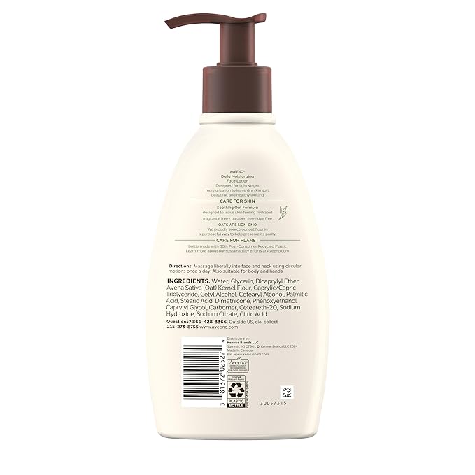 Aveeno Daily Moisturizing Face Lotion with Soothing Prebiotic Oat,Gentle Lotion Nourishes Normal to Dry Skin With Moisture,Sensitive Skin,Fragrance-Free,12 fl. oz,(Pack of 2)