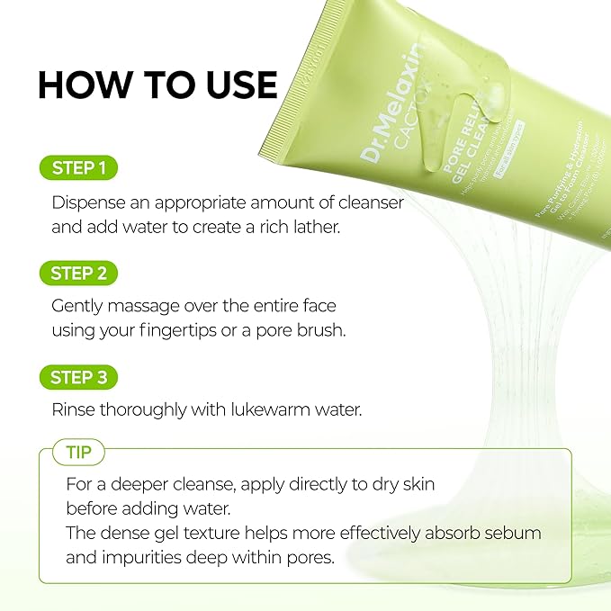 Dr.Melaxin Cactox Pore Relief Gel Cleanser, Hydrating Gel-to-Foam Facial Cleanser for Pore Cleansing and Enlarged-Looking Pores, 120ml