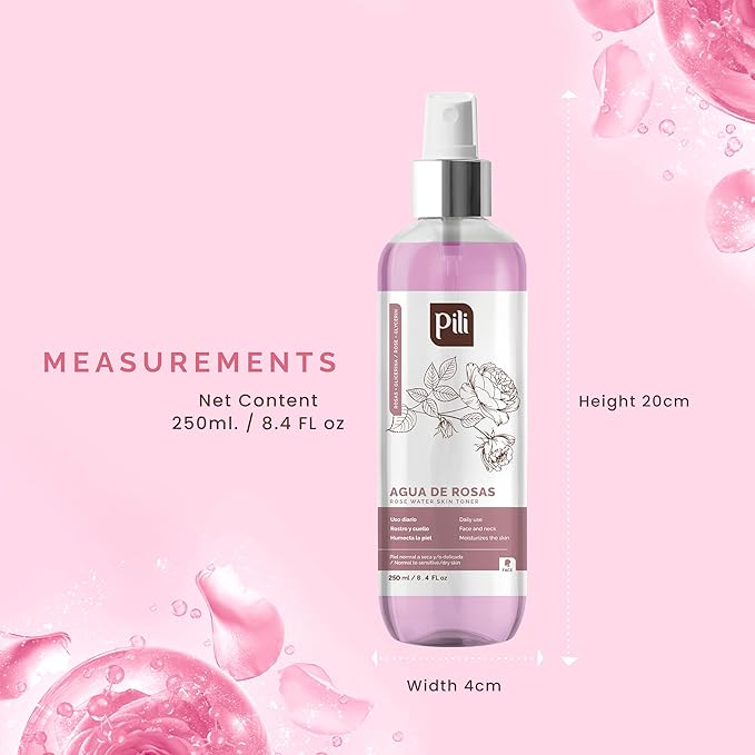 PILI Rose Water, Facial Toner for Sensitive Skin. Refreshes, Tones and moisturizes with The Softness of The Natural Extract of Roses and Glycerin. 8.4 oz