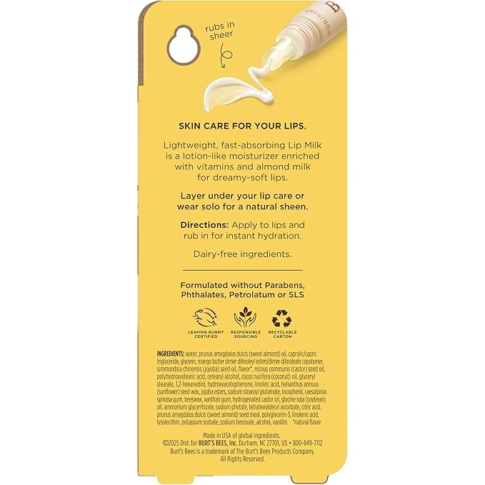 Burt’s Bees Lip Milk, Daily Lip Moisturizer, Toasted Coconut, Vitamin Enriched Moisturizing Lip Balm with Almond Milk and Jojoba Oil, Hydrating for Softer Lips, 1 Tube, 0.34 Fl Oz