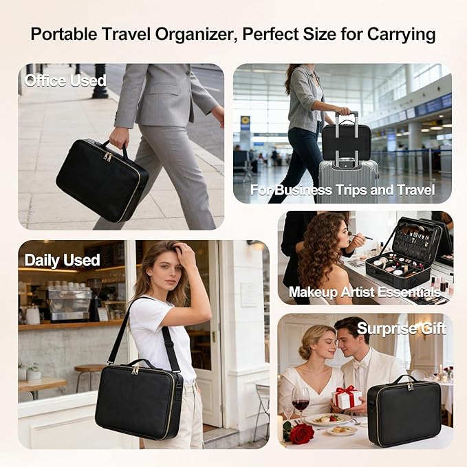 Large Travel Makeup Case, Professional Makeup Train Case Organizer, Portable Cosmetic Brush Bag Holder Waterproof Makeup Artist Storage Box with Adjustable Dividers and Shoulder Strap, Leather Black