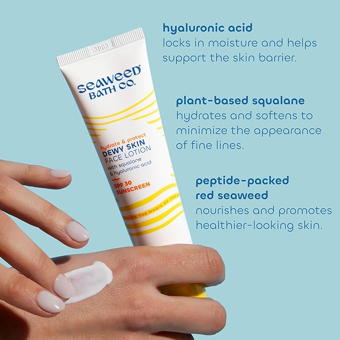 Seaweed Bath Co. Hydrate & Protect Dewy Skin Face Lotion SPF 30 Broad Spectrum Zinc Oxide Facial Sunscreen, 2 Ounce, Sustainably Harvested Seaweed, Hyaluronic Acid, Squalane