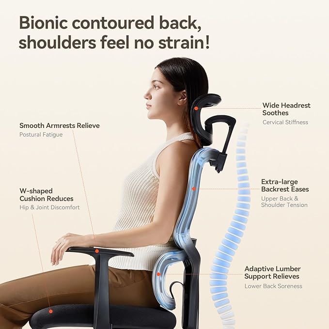 SIHOO Ergonomic Office Chair, High Back Desk Chair, Lumbar Support, Swivel Computer Task Chair with Adjustable Headrest, Tilt Function,Black