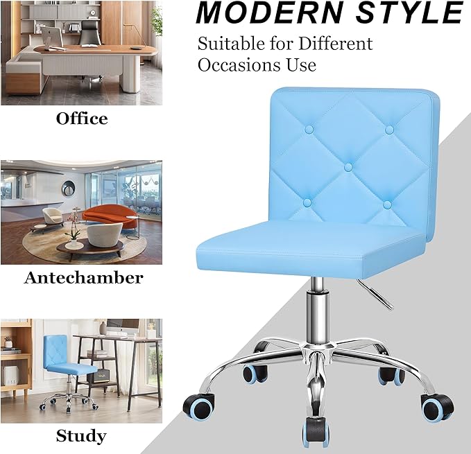 VECELO PU Leather Mid-Back Armless Vanity Chair Adjustable Height 360° Rolling Swivel for Home Office Work