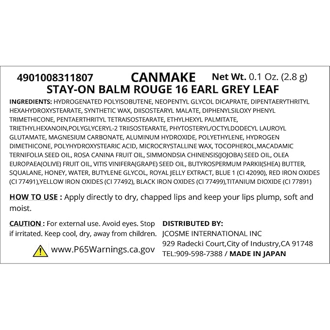 CANMAKE - Stay-On Balm Rouge - Tinted Lip Moisturizing Long-Lasting Protection - 0.1oz (2.8g) (16 Earl Grey Leaf)