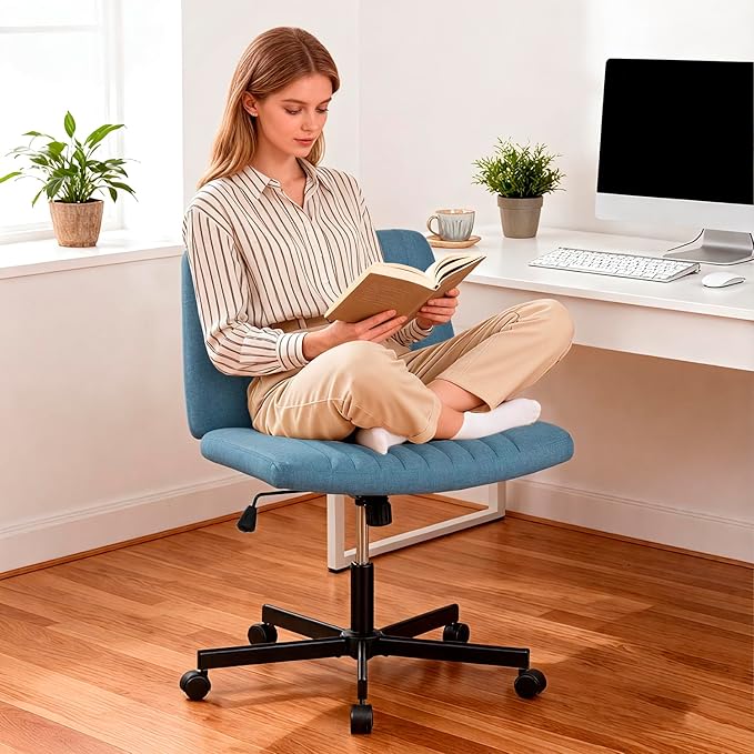 PayLessHere Criss Cross Chair Wide, Armless Office Desk Chair,Backrest Vanity Chair with Wheels 360 Swivel, Height Adjustable for Home Office, Home Office Blue