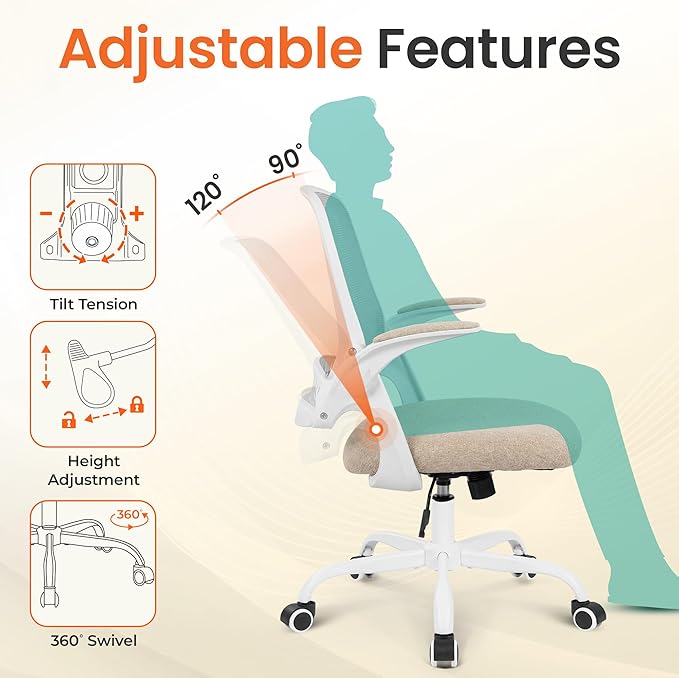 NEO Chair Office Chair Gaming Desk Computer Mesh Ergonomic Chair with Flip-up Arms Comfy Lumbar Support Adjustable Height Rolling Wheels Chair for Home Office (Beige)