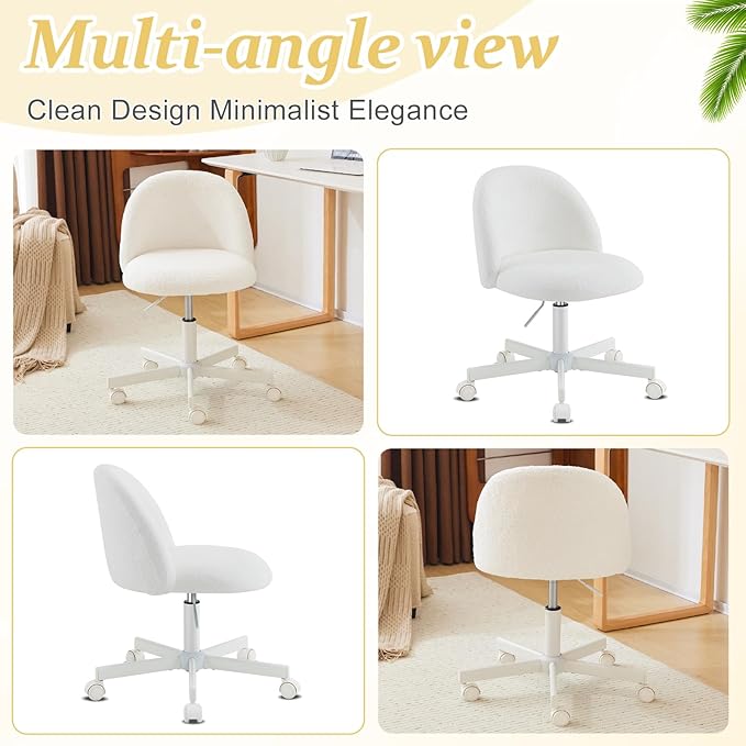 VINGLI Modern Vanity Chair with Back, Velvet Desk Chair for Girls, Small Office Chair with Silent Wheels, Stylish and Comfortable, White
