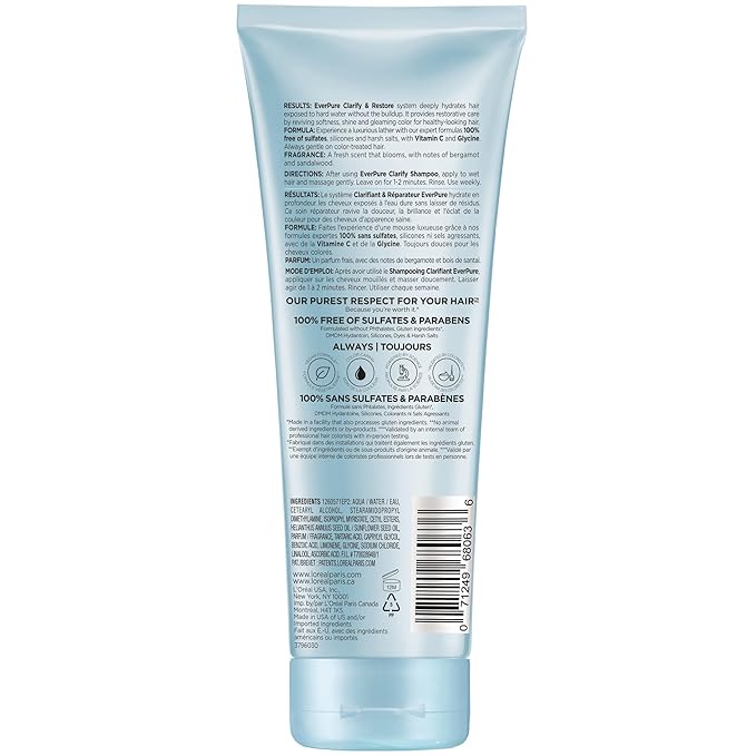 L'Oreal Paris Restore Sulfate Free Conditioner with Antioxidants,Moisturizing Conditioner for Hard Water Exposure and Styling Build-up,EverPure,6.8 Fl Oz,(Pack of 2)