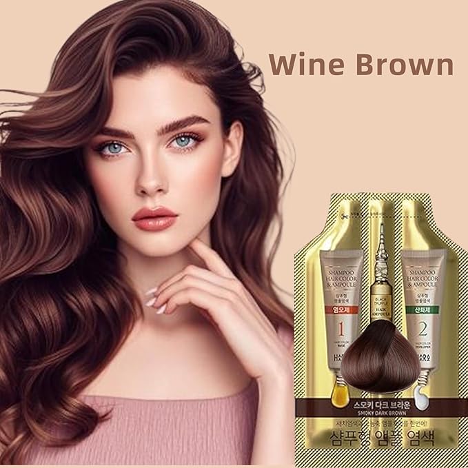 Instant Hair Dye Shampoo Ampoule, Permanent Hair Color Dye - Paraben-Free, Hair Color for Gray Hair Coverage with Keratin & Collagen, 5-Minute Easy and Fast Coloring, Made in Korea (Wine Brown)