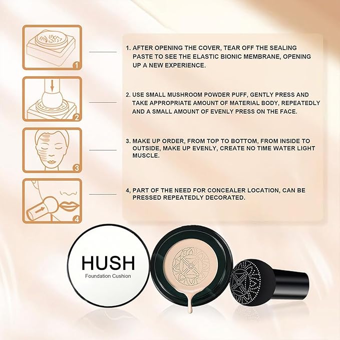 Hush Foundation for Mature Skin,Warm Tone CC Air Cushion Foundation,Moisturizing & Skin-Care Air Cushion Foundation,Luvie Glow Foundation Full Coverage Long-Lasting BB Cream with Mushroom Applicator