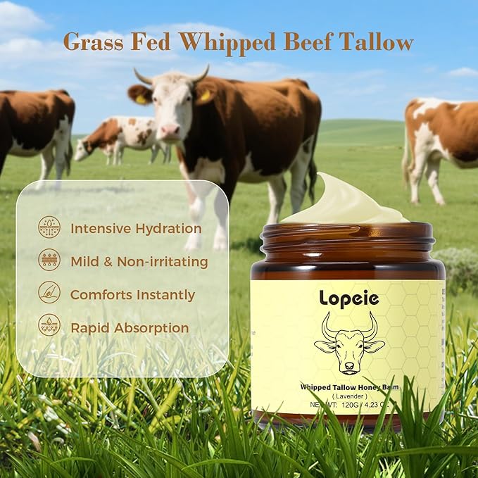 Whipped Beef Tallow Balm with Honey, Natural Moisturizing Cream for Face and Body, Hydrating Skin Balm for Dry Skin, Soothing Tallow Skin Care (4.23oz, Lavender)