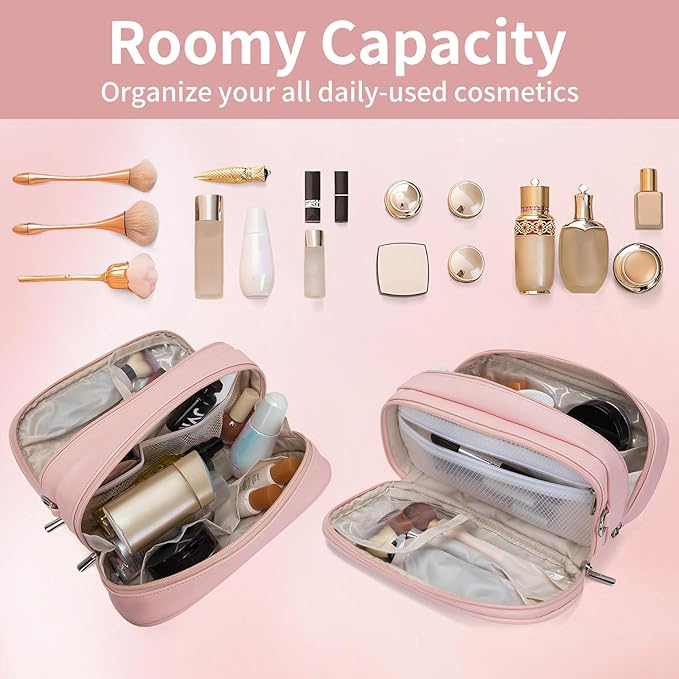 Makeup Bag for Women, Wide-open Makeup Organizer with Makeup Brush Holder, Waterproof Cosmetic Bag with Compartment, Portable Travel-Size Toiletry Bag for Traveling, Large Make Up Bag (Pink)