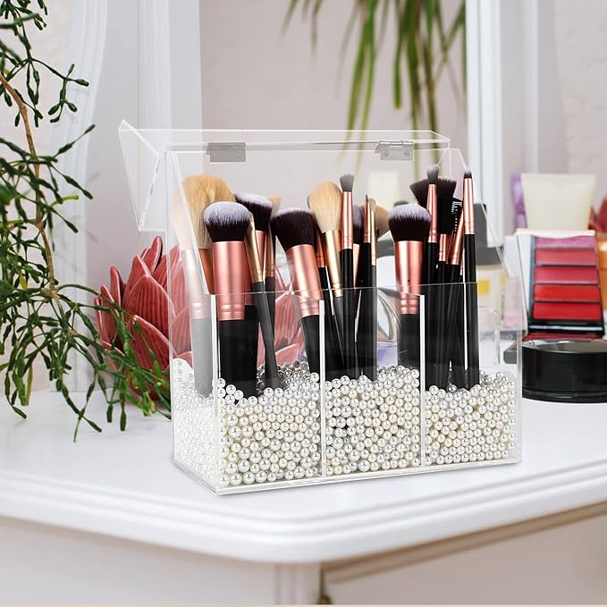 Acrylic Makeup Brush Holder, Clear Cosmetic Storage Box with 3 Brush Holders, Dust Cover, Large-Capacity Split Design for Organizing Vanity Desk