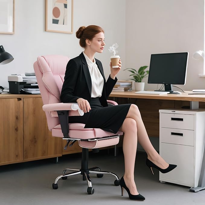 HOMREST 6-Point Massage Executive Chair,Heat Office Chair,Ergonomic Home Office Desk Chairs with Retractable Footrest and Reclining Function,Leather Computer Chair with Adjustable Armrest(โPink)