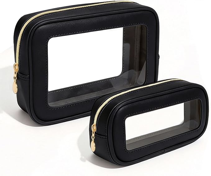 2Pcs Clear Makeup Bags Set, Clear Travel Makeup Brush Holder Leather Makeup Case Toiletry Bag with Zipper Portable Cosmetic Pouch Waterproof Makeup Brush Storage Bag Car Bag for Essentials (Black Set)