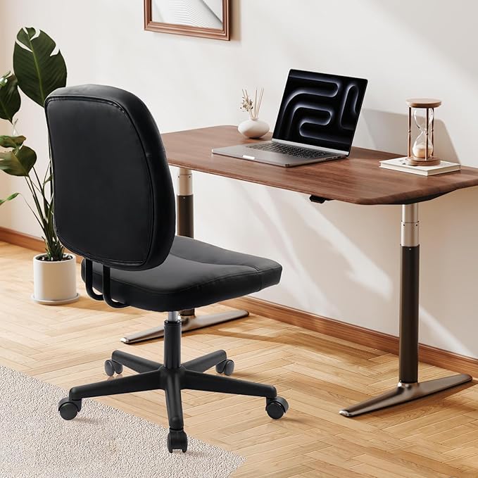 CLATINA Armless Home Office Chair,Small PU Leather Ergonomic Low Back Desk Chair with Lumbar Support and Wheels, Adjustable Height 360° Swivel Rolling Computer Task Chair, Black