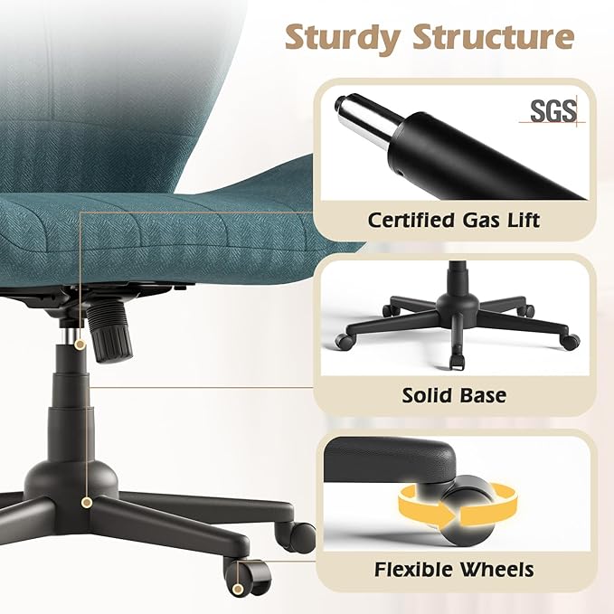 Criss Cross Chair with Wheels, Wide Cross Legged Office Chair Armless Comfy Desk Chair with Tall Back Vanity Chairs with Stress Relief Curved Design Seat for Bedroom & Office & Home Blue