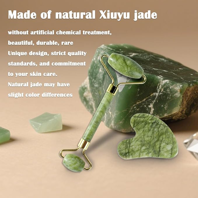 Jade Roller Gua Sha Tools - Nature Gua Sha Facial Tool Skin Tightening Face Massager Anti-Aging Jade Face Roller Puffiness Reducing Guasha Stone for Women Men(Green)