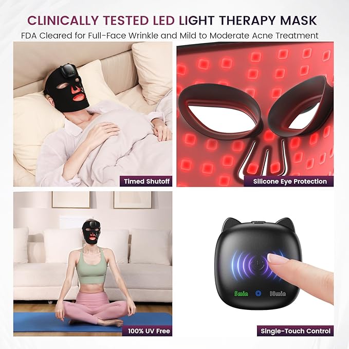 Red Light Therapy for Face, 850nm Infrared LED Face Mask Light Therapy with 280 LEDs, Cordless Red Light Therapy Device with 5 & 10 Min Timer, FDA Cleared Light Therapy Mask