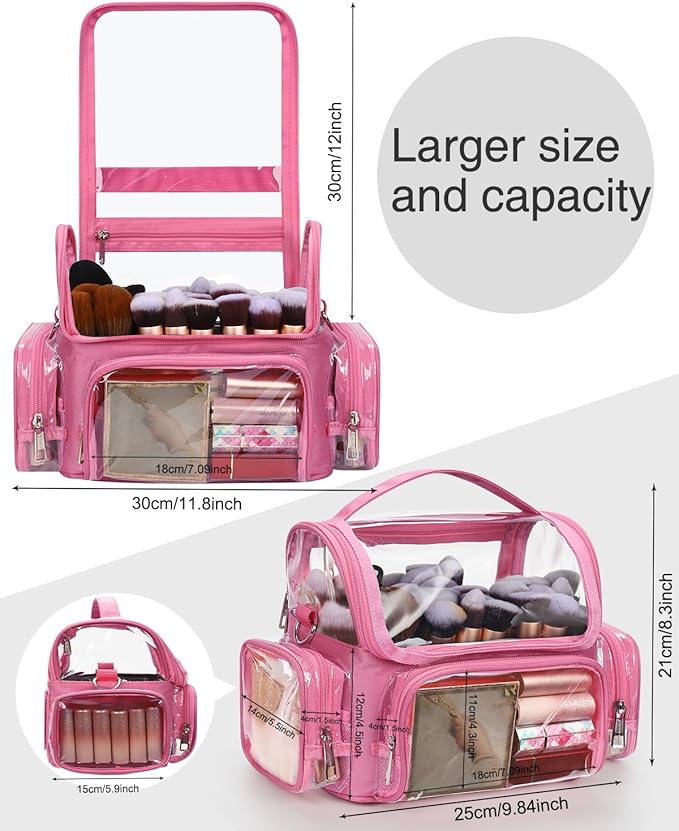 Pink Makeup Brush Bag, Large Makeup Brush Holder Professional Makeup Artist Travel Case Clear Waterproof Cosmetic Organizer Bag, Full Open Easy to Access, with Adjustable Strap and Dividers