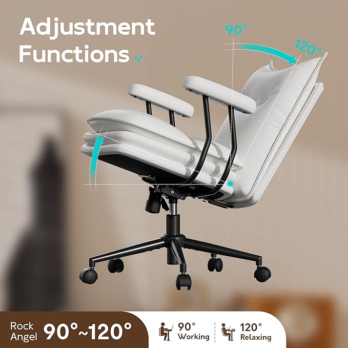White Office Chair with Triple-Layers Thicken Wide Seat, Mid Back Leather Desk Chair with Wheels and Arms, Mid-Century Modern Computer Chair for Home Office