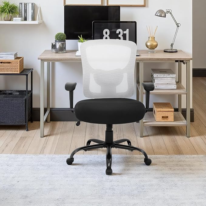BestOffice Big and Tall Office Chair 400lbs Desk Chair Mesh Computer Chair with Lumbar Support Wide Seat Adjust Arms Rolling Swivel High Back Task Executive Ergonomic Chair for Home Office, White